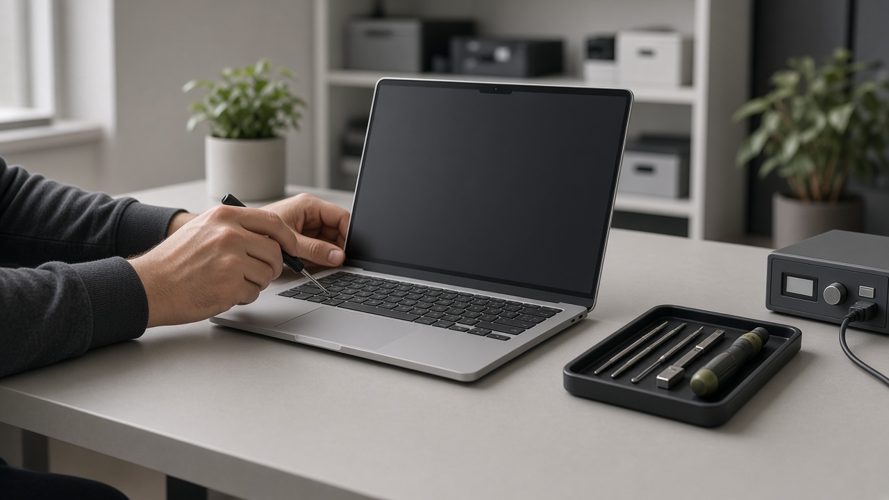 Professional laptop diagnostics on a repair workbench